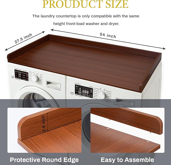 54"x27.5" Washer Dryer Countertop Cover - Laundry Room Table Top with Non-Slip Surface & Protective Edge, Fold Clothes and Detergent Organizer Shelf, Easy Assembly (Brown)