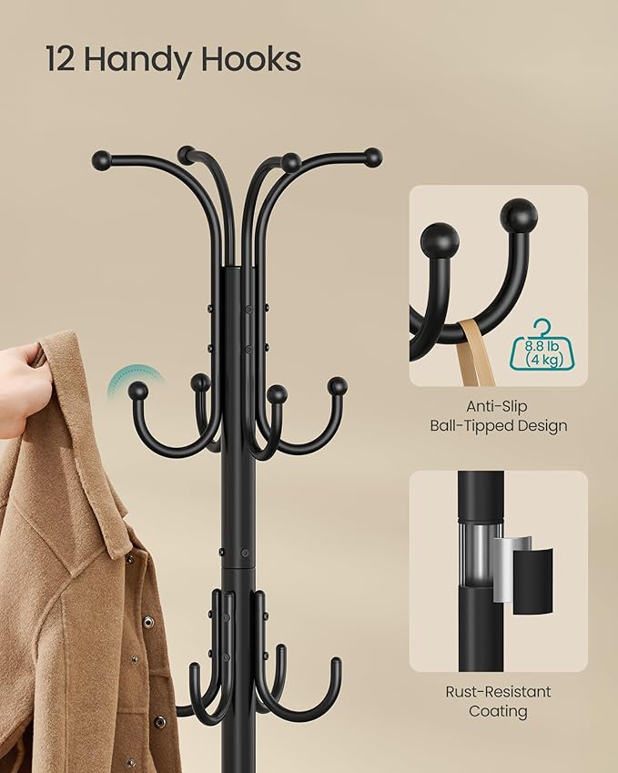 SONGMICS Coat Rack Freestanding with Umbrella Holder, Metal Coat Rack Stand with 12 Hooks, for Entryway, Hallway, Living Room, Bedroom, Ink Black URCR082BH02S