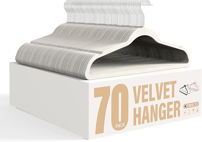 Simple Deluxe Velvet Hangers 70 Pack, Non-Slip Clothes Hangers with Shoulder Notches, 360° Swivel Hooks, Heavy Duty Coat Suit Hangers for Closet Space Saving, White