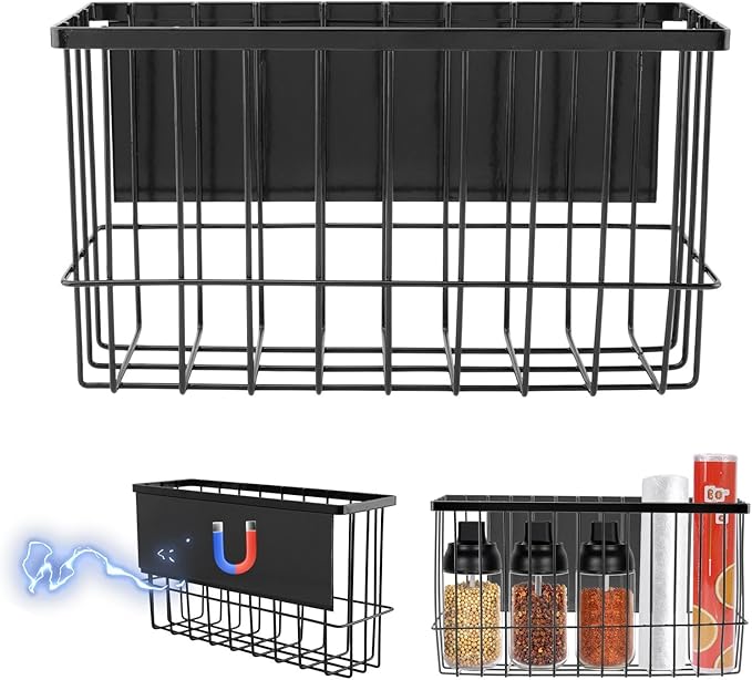 Magnetic Dryer Ball Holder, Kitchen Moveable Magnetic Storage Holder, Magnetic Basket Organizer Shelf Rack for Refrigerator, Kitchen Counter, Laundry Room, Bathroom (Black)