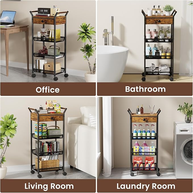 Large Fruit Vegetable Storage Cart, 5-Tier Kitchen Rolling Cart with Wheels & Drawer, Metal Wire Storage Basket Organizer Baskets for Kitchen, Pantry, Bathroom