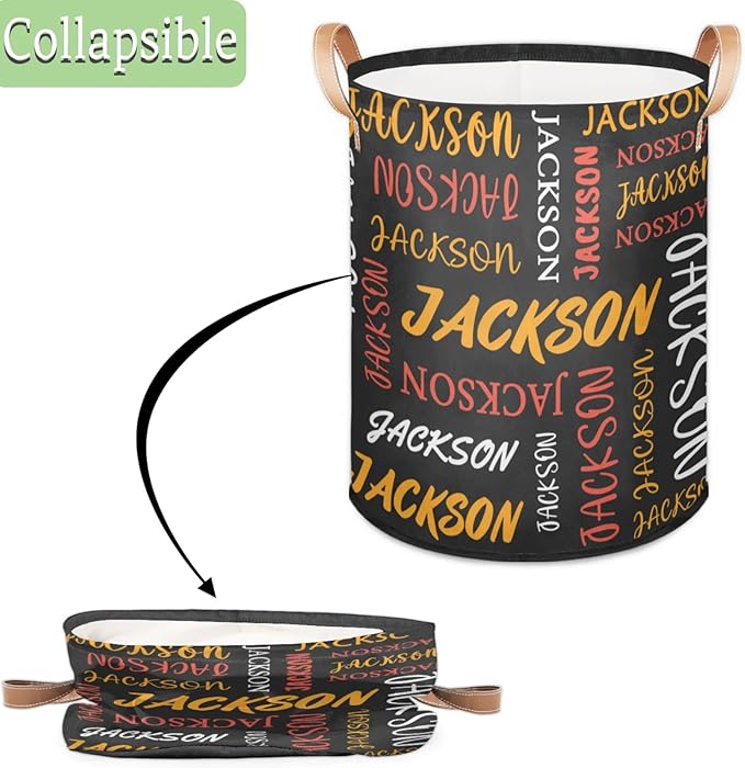 Custom Name Large Laundry-Basket for Kids-Boys-Girls, Personalized Foldable Waterproof Laundry Hamper Dirty Clothes Toys Storage Bin with Handles,Black 2