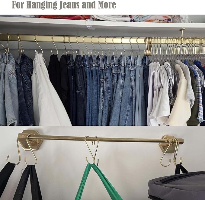 S Hooks, 3.75", Non-Magnetic Solid Brass, Rounded-End Craftsmanship, 4 Pack, Gold - for Kitchen Rack Rail Closet Dorm Hanging Pans Pots Coffee Mugs Jeans Towels Bags Purse