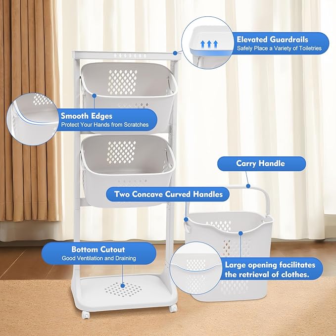 White Laundry Basket Removable Storage Basket 3 Tier Multi-purpose Rolling Laundry Basket with 4 Wheels Laundry Washing Hampers Basket Shelf Cart Clothes Storage Basket for Household Bathroom Kitchen