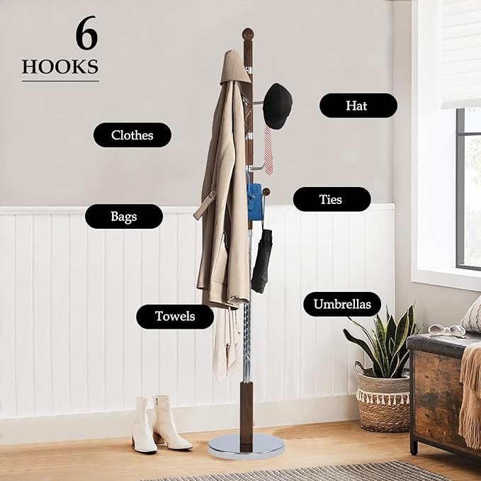 Wood Coat Rack Freestanding, Natural Coats Tree Stand with 14 Hooks, 73" Sturdy and Easy Assembly Coat Rack Stand for Entryway, Hallway, Bedroom, Bags, Hats (Metal Disc Base, Cherry Swivel Hook)