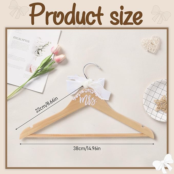 Wooden Mrs. Bride Hanger for Wedding Dress, Elegant Bridal Hanger with Ribbon Bow Tie & Pearls for Gift Shower Party Suit Gowns Keepsake 38 cm (Beige)