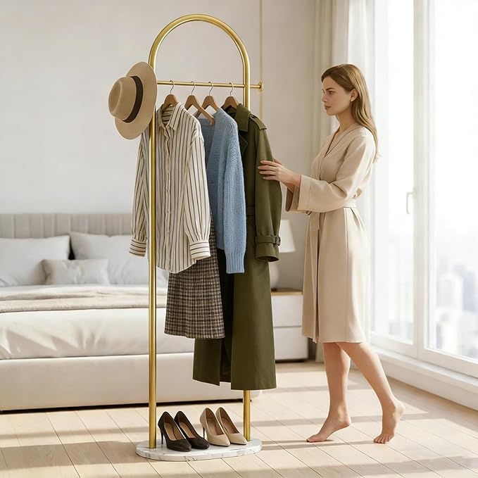 CloudDream Gold Clothing Rack with Marble Base,Modern Rack Freestanding,Metal Garment Rack Suitable for Entryway,Bedroom,Living Room,Boutiques