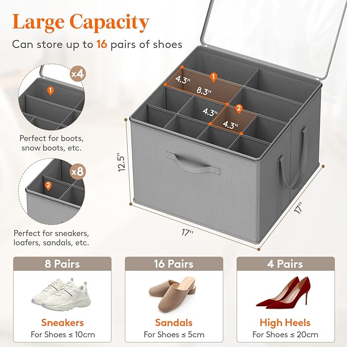 Lifewit Shoe Storage Organizer for Closet, Fabric Large Shoe Box Storage Containers with Clear Cover, Foldable Bins for Boots Heels Sneakers Fits 24-32 Pairs (Each 12-16 Pairs) 2 Pack Light Gray