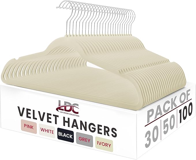 LDC Ivory Velvet Hangers 100 Pack - Premium Non-Slip Clothes Coat Pants Felt Hanger for Closet - Heavy Duty Space Saving 360° Swivel Hook Hangars – Ivory
