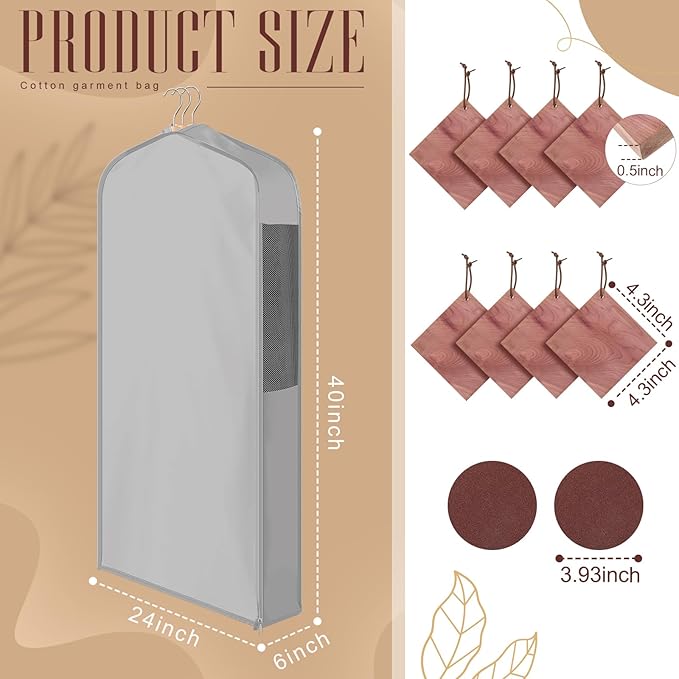2 Sets 40'' x 24'' x 6'' Short Cotton Garment Bags for Hanging Clothes and Storage, 8 Cedar Blocks for Fresh Smell and Moth Protection, Breathable Covers for Closet Suits Fur Coats Sweaters