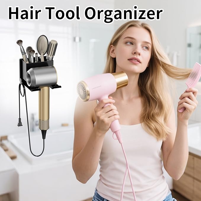 Hair Dryer Holder Wall Mounted, Hair Tools Organizer, Bathroom Space-Saving Blow Dryer Organizer Curling Irons Storage Wall Mounted Black (Self-Adhesive and Drilling)