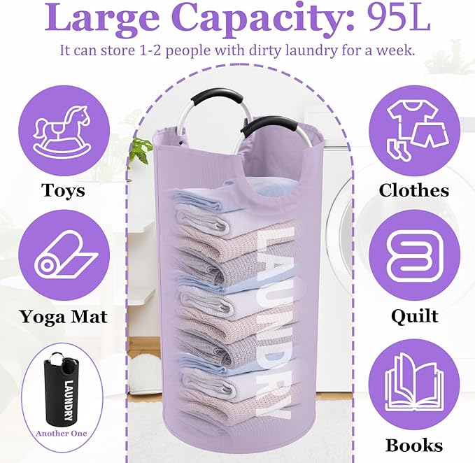 Set of 2 Collapsible Laundry Baskets with Aluminum Handles, 95L Large Laundry Baskets in 600D Oxford Fabric, Portable Dirty Clothes Hampers for Bedroom, Travel, Black + Purple