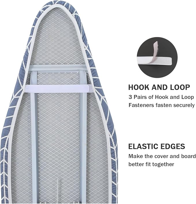 Ironing Board Cover and Pad Standard Size 15 x 54,3 Pairs of Hook and Loop Fastener Straps,Elastic Edges,Cotton Iron Board Cover with Scorch Resistant Thick Padding (Pattern H)