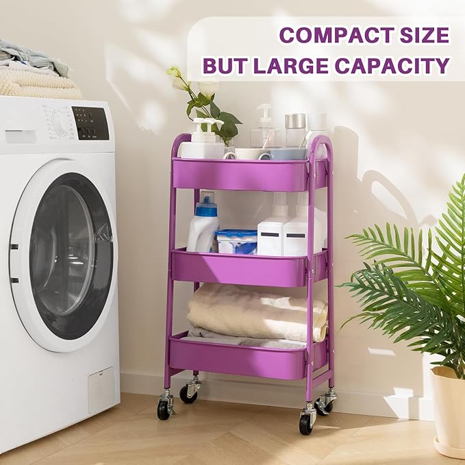 AGTEK 3 Tier Utility Rolling Cart with Lockable Wheels, Metal Multifunctional Storage, Organizer Cart for Kitchen, Office, Living Room, Makeup, Craft, Art Studio, Violet