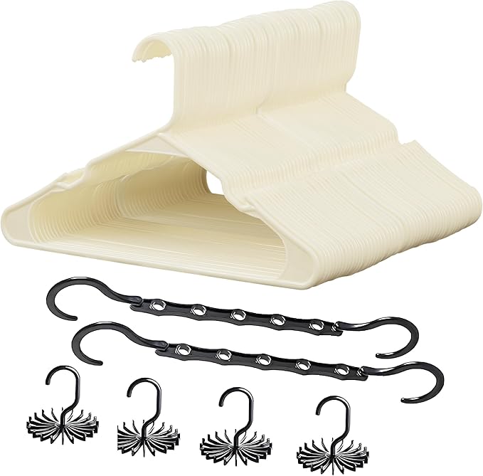 VECELO 100 Pack Plastic Hangers-Clothes Hangers Set with Shoulder Grooves for Closet Space Saving-Heavy Duty Coat Hanger,Beige