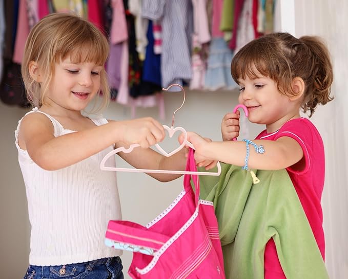 OneDream Pink Velvet Baby Hangers - 50 Pack 11inch Heart Toddler Hangers with 20pcs Clips, Non-Slip Strong and Durable Baby Clothes Hangers Without Slipping, Ultra Slim and Stackable Space Saving