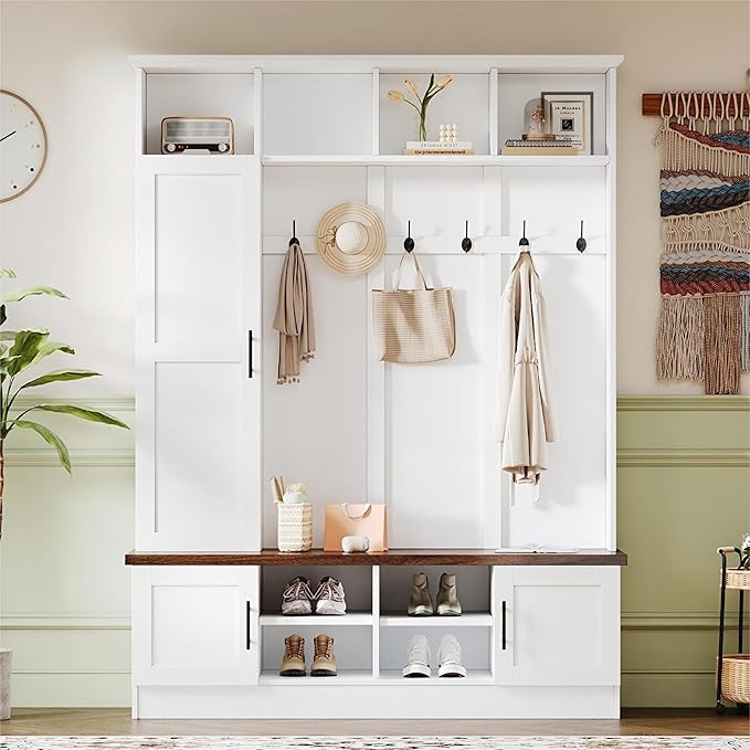 Versatile 3-in-1 Hall Tree with 6 Hooks, Farmhouse Walnut Storage Bench with Adjustable Shelves, 55" W Entryway Coat Rack with Multiple Storage Space for Mudroom, Living Room (White-7)