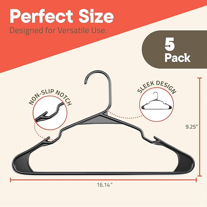 Gray Plastic Hangers 5 Pack– Heavy-Duty Plastic Hangers Slim and Space-Saving, Durable and Lightweight PP with Non-Slip Shoulder Notches for Slip Dresses, Suits, Jackets & Camisoles