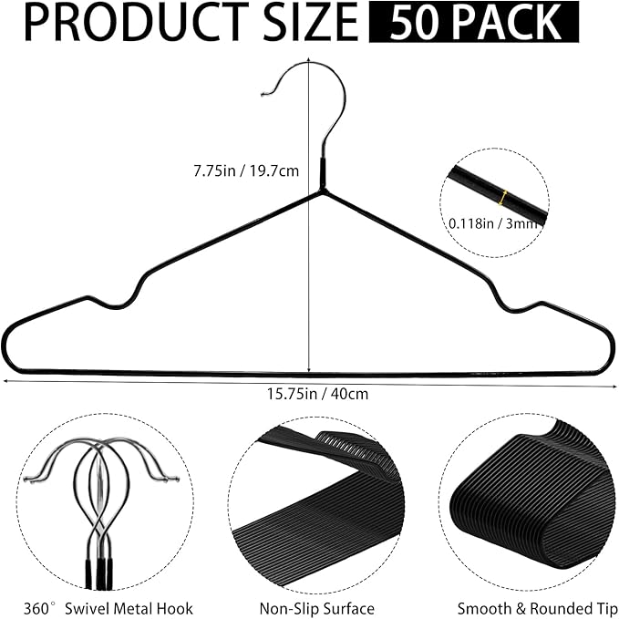 50 Pack 15" Non-Slip Metal Hangers, Wire Rubber Coated Hangers with Round Notches, Heavy Duty Space Saving Hanger for Pants, Strap Dress, Shirt, Camisole Black