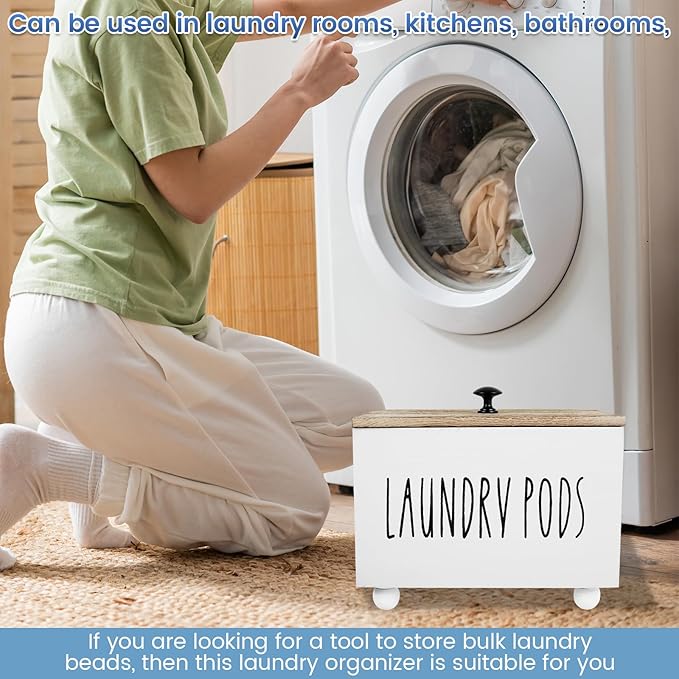 Farmhouse Laundry Pods Container with Lid, Solid Wood Dryer Sheet Holder, Stylish Laundry Pod Holder, Multipurpose Dryer Sheet Container for Laundry Room Kitchen Bathroom Organization Decor (White)