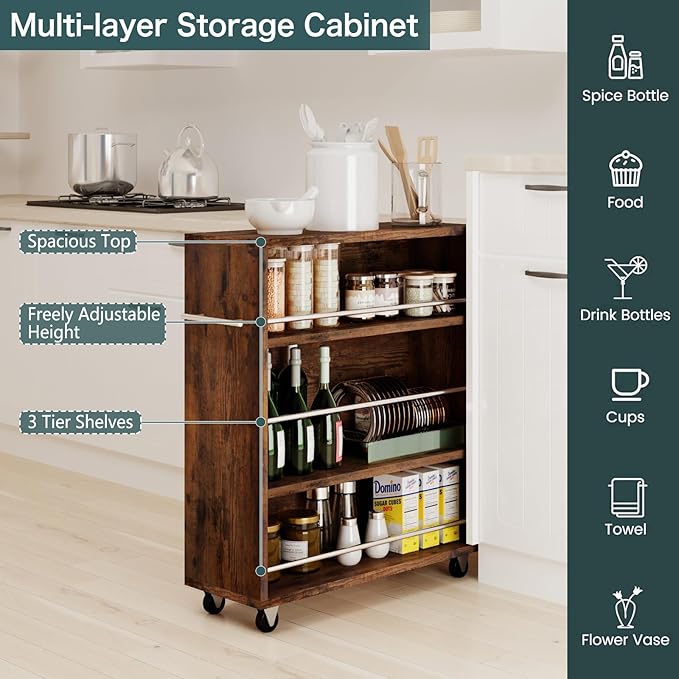 ALBAD Slim Rolling Cart,4-Tier Storage Cart with Wheels,7.9”W Slim Storage Carts with Handle for Kitchen Laundry Narrow Places Bathroom Dining Room Small Spaces