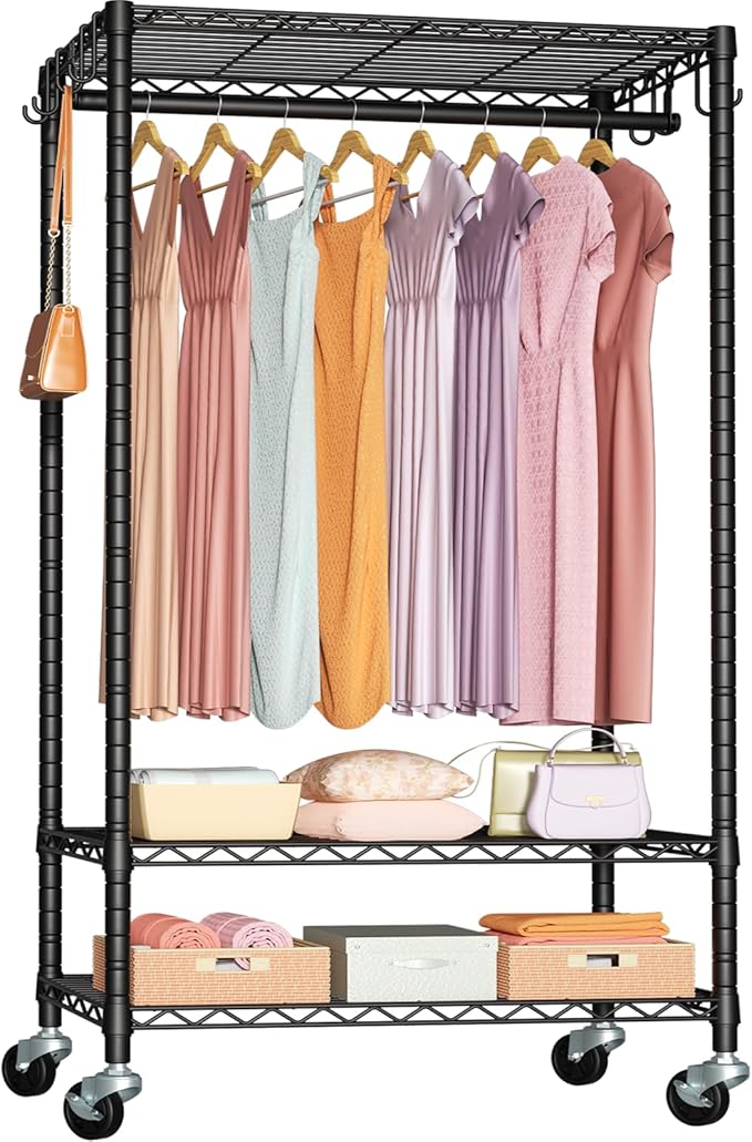 FUTASSI P6 Rolling Clothes Rack Heavy Duty, Clothing Racks for Hanging Clothes, Freestanding Garment Rack with Wheels, Portable Closet Rack Max Load 380 LBS, 35.5'' W x 14'' D x 74.6'' H, Black