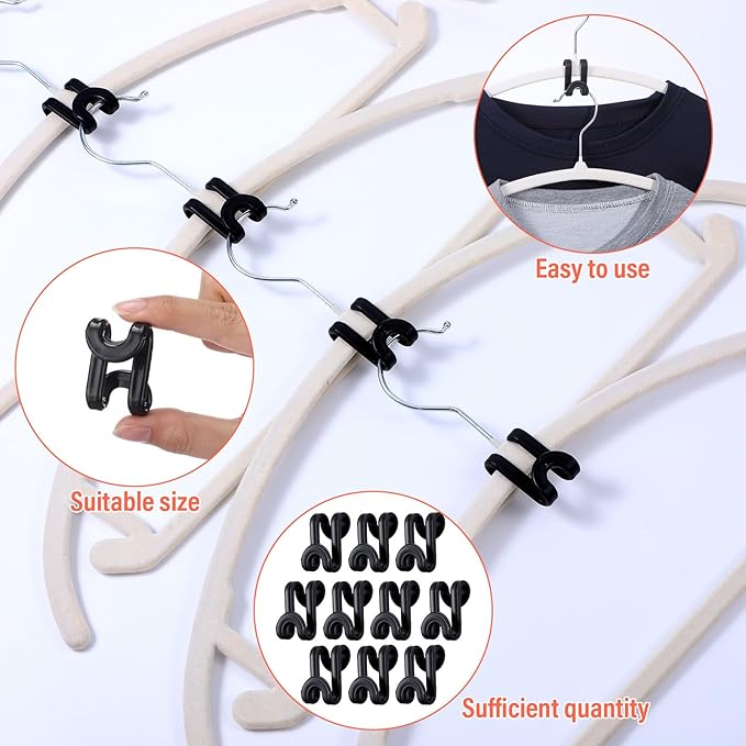 240 Pcs Black Clothes Hanger Connector Hooks, Heavy Duty Plastic Space Saving Cascading Hanger Extender Clips for Closet Organizer