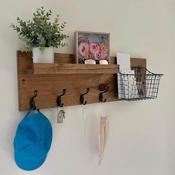 Entryway Mail Organizer with Key Hooks, Coat Hooks, Industrial Mail Basket Wall Mounted