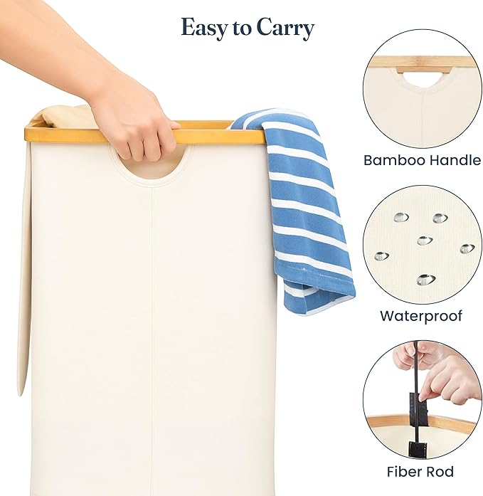 Fine Living 100L Large Laundry Hamper with Lid, Narrow Foldable Slim Laundry Basket with Bamboo Handles, Skinny Tall Dirty Clothes Hamper for Dorm, Bathroom & Bedroom, Ivory