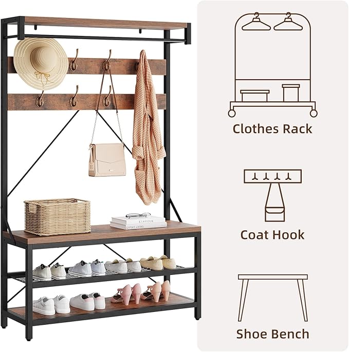 Industrial Hall Tree with Shoe Bench & Coat Rack - 8 Hooks, Storage Shelf & Hanging Bar for Entryway, Rustic Brown Wood Look Accent Furniture