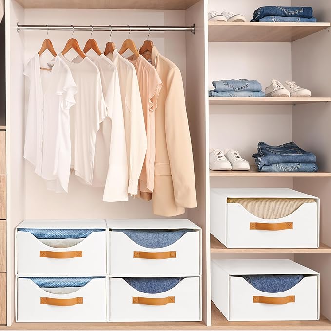 4 Pcs 16.5" Closet Drawers and Large Size Clothes Storage Bins Push-Out Storage Stackable Shelf Drawers with See-Through Window Closet Organizers for Bedroom, Living Room, Under Bed, White