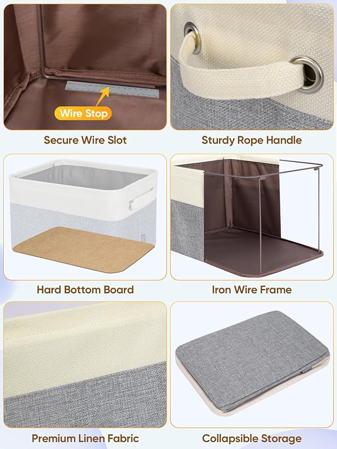 BALEINE 3 Pack Fabric Storage Bins for Shelves, Linen Storage Baskets for Organizing, Decorative Closet Bins for Clothes, Home (Grey, 12"x8"x8")