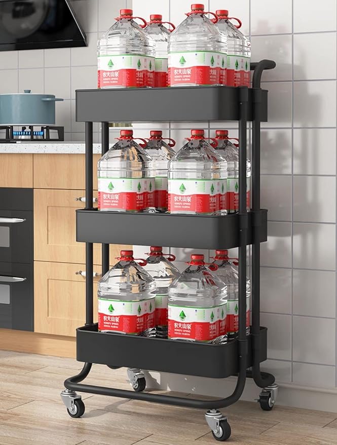 Sooyee 3 Tier Utility Cart,Rolling Cart with Handle and Lockable Wheels, Multi-Functional Storage Cart for Office, School,Living Room, Kitchen, Bathroom, Bedroom,Laundry,Black
