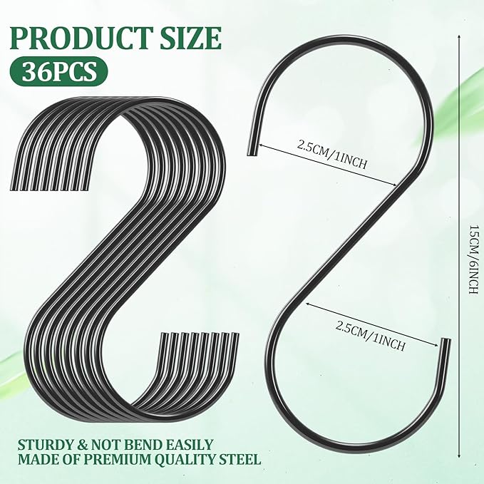 36 Pack 6 Inch Black S Hooks for Hanging Pots and Pans, Vinyl Coated Metal Kitchen Pot Rack Hooks Heavy Duty Hangers for Closet Jeans Utensils Coffee Mugs Plants