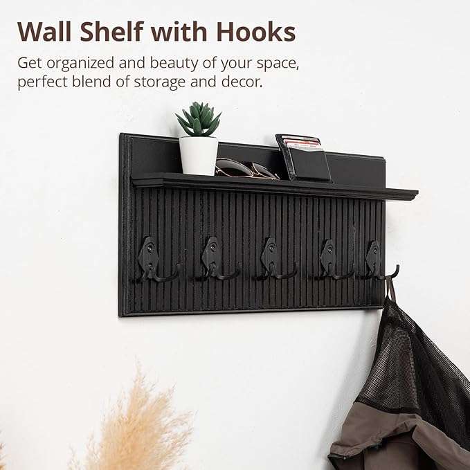 Rustic Wall Mounted Coat Rack with Shelf Wooden Entryway Organizer with 5 Metal Hooks for Coats Hats Towels Keys Floating Storage Shelf for Bathroom Bedroom (Black, 32 inch Striped (4 Hooks))