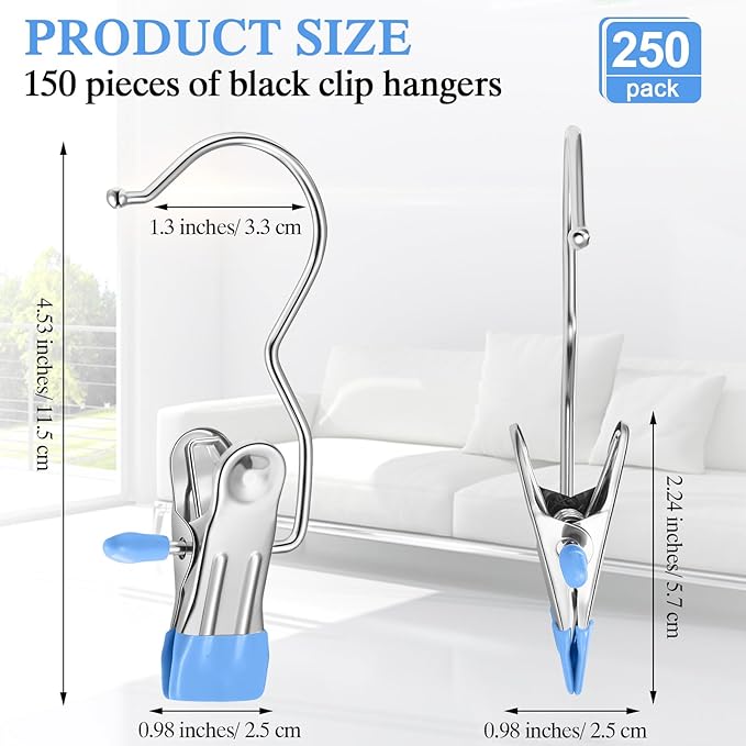 Yinder 250 Pcs Boot Hangers Clips Laundry Hooks Hanging Stainless Steel Clothes Pins Portable Clip Hangers for Closet Travel Socks Pants Handbags Hats Towels (Blue)
