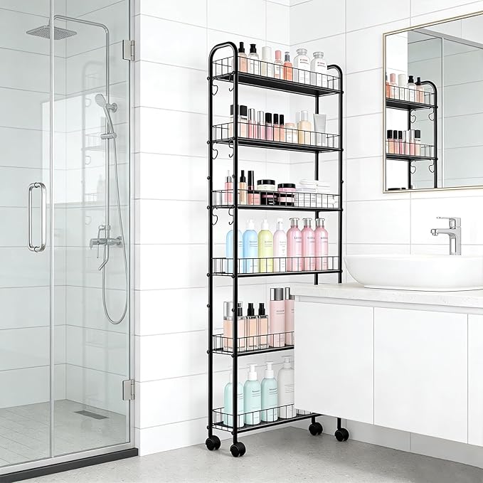 Slim Storage Cart with Wheels, 6-Tier 6in Black Narrow Rolling Shelf,Sturdy Slim Storage Ideal for Kitchen, Bathroom, and Laundry Room