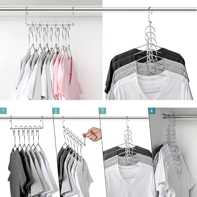 KLEVERISE 4 Pack Metal Space Saving Hangers, Stainless Steel Hangers Space Saving for Clothes, Magic Cascading Space Saving Closet Clothing Hanger Organizer Space Saver, College Dorm Essentials