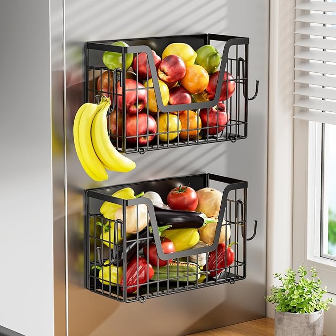 2 Pack Heavy Duty No Assembly Magnetic Basket, Large Capacity Collapsible Black Metal Wire Magnetic Shelf for Fridge Fruit Potato, Magnetic Laundry Organizer with S Hooks