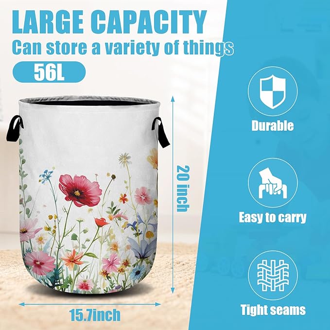 Watercolor Wildflowers Laundry Basket, Floral Laundry Hamper Collapsible Oxford Cloth with Handle Clothes Toy Storage Bin for Bathroom Laundry Room Bedroom 15.7 X 20 Inch