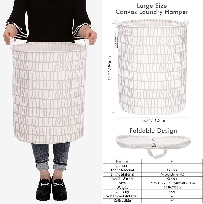 Sea Team 19.7 Inches Large Sized Waterproof Coating Ramie Cotton Fabric Folding Laundry Hamper Bucket Cylindric Burlap Canvas Storage Basket with Stylish Branch Grey Design