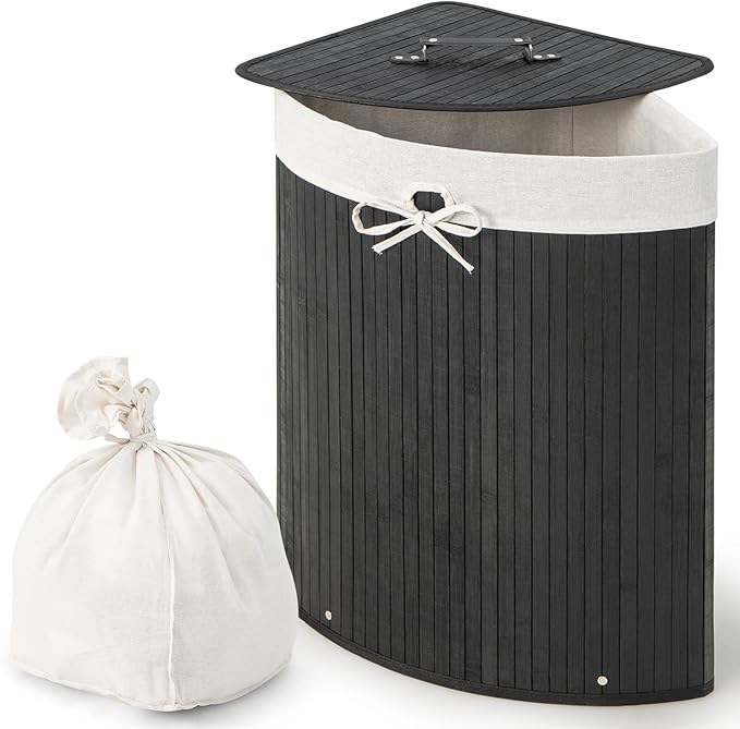 Giantex Corner Laundry Hamper with Lid, 58 L Bamboo Laundry Basket with Removable Liner & Handle, Triangle Clothes Hamper for Small Spaces, Bedroom, Bathroom, Laundry & Living Room (Black)