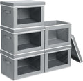 Stackable Storage Bins with Lids - Large Decorative Basket with Lids, Fabric Foldable Closet Organizer Bins, Shelf Organizer for Living Room, Dorm, 5 Pack, Grey