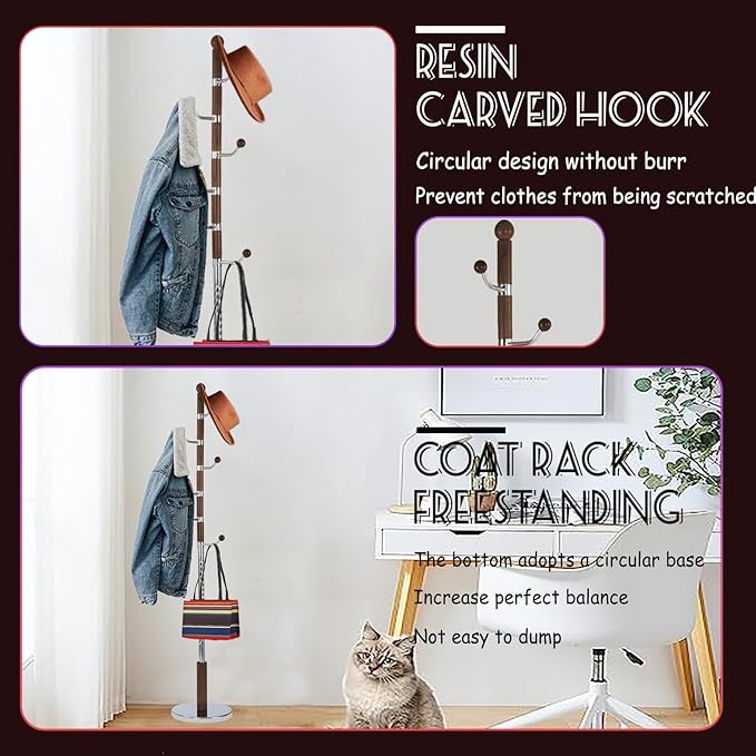 73 in Wood Coat Rack, Coat Rack Freestanding with Stable Round Base, Adjustable Height Tree Coat Racks Stand for Home Bedroom Office Hallway Entryway (Walnut Metal Hook)