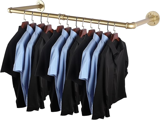 AddGrace Industrial Iron Pipe Clothing Garment Rack Wall Mounted Closet Rod Retail Display Rack Closet Storage Clothes Organizer Gold
