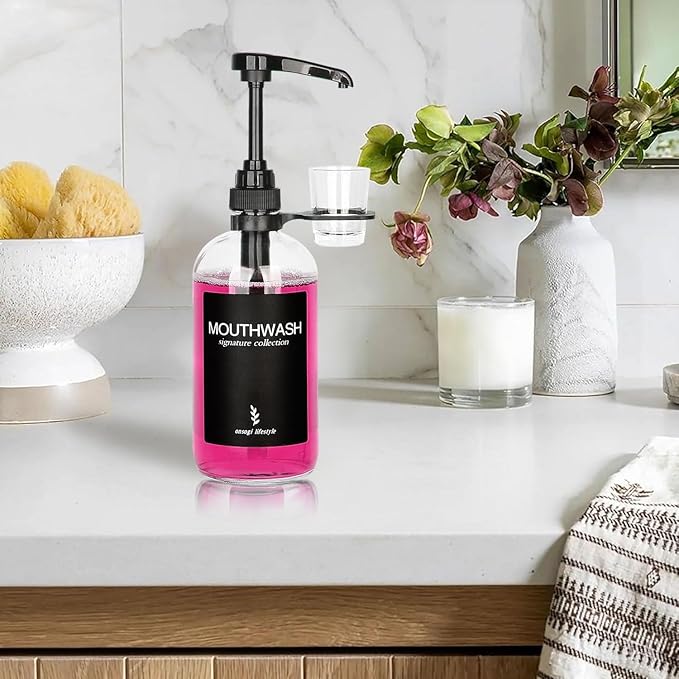 Clear Glass Mouthwash Dispenser with Black Cup Holder and Pump, 16 Oz Rustic Boho Mouthwash Dispenser for Bathroom Farmhouse Decor - 1 Pack
