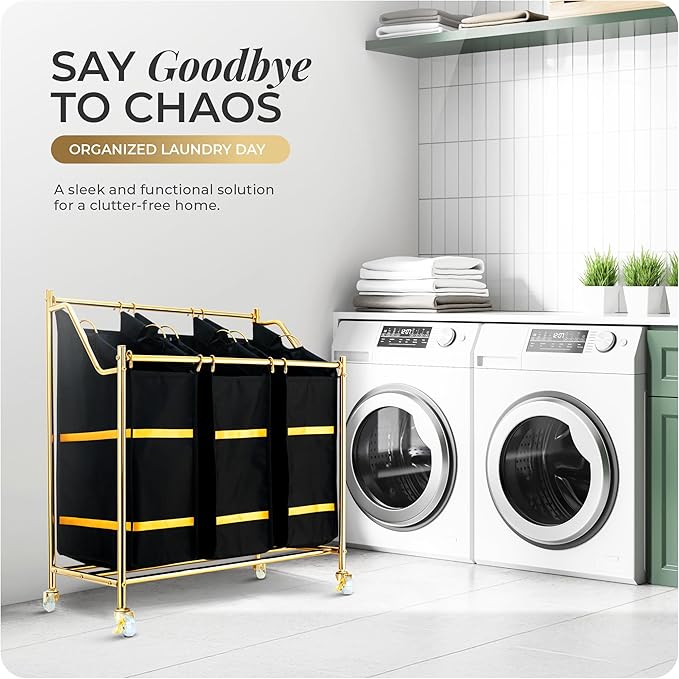 LUXURY STYLE Laundry Hamper, 3-Section Rolling Laundry Sorter Cart with Wheels, Modern Golden Hamper with 3 Bags for Clothes, Toys, and Towels
