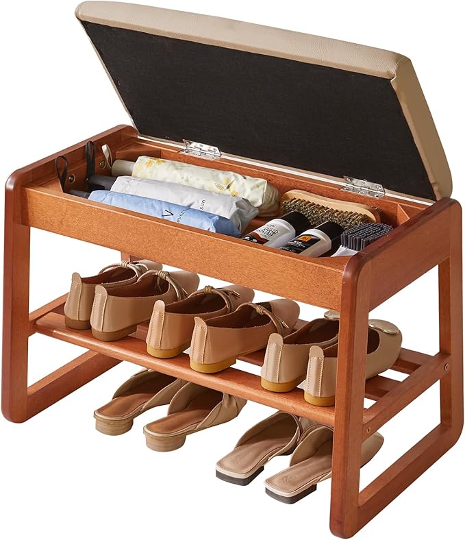 Wood Shoe Bench with Flip-Top Storage, 2-Tier Entryway Shoe Bench, 23.62in Shoe Rack with Cushion for Living Room, Cherry Wood Color YD-WD060C