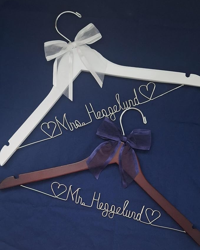 Bride Wedding Hanger for Dress Bride Name Mrs Silver, Gold Wire Writing - Dark Wood or White Wood Hanger with Notches Choice of 10 Bow Colors with or Without Wedding Date, Graduation Gown