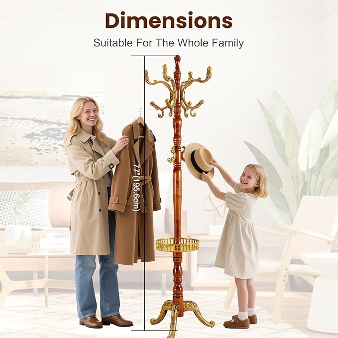 Freestanding Vintage Coat Rack with 11 Hooks, Sturdy Wooden Hall Tree for Entryway, Heavy-Duty Tri-Legged Base for Hats, Jackets, Bags, Easy Assembly for Bedroom, Hallway